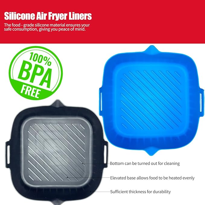 Square Silicone Air Fryer Liners 2 Pack, Heavyweight and thickened 7 Inch Air Fryer Liners,Reusable Silicone Basket, Air Fryer Accessories(Black&Blue)