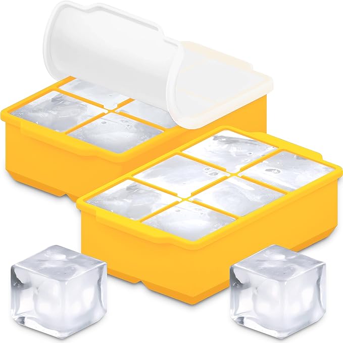 KitchFort Large Silicone Ice Cube Tray (2-Pack), Easy Release 2" Big Ice Cubes - Cocktail, Whiskey Ice Cubes Mold - Ice Trays for Freezer with Lid - Stackable Silicone Ice Tray - Mustard Yellow