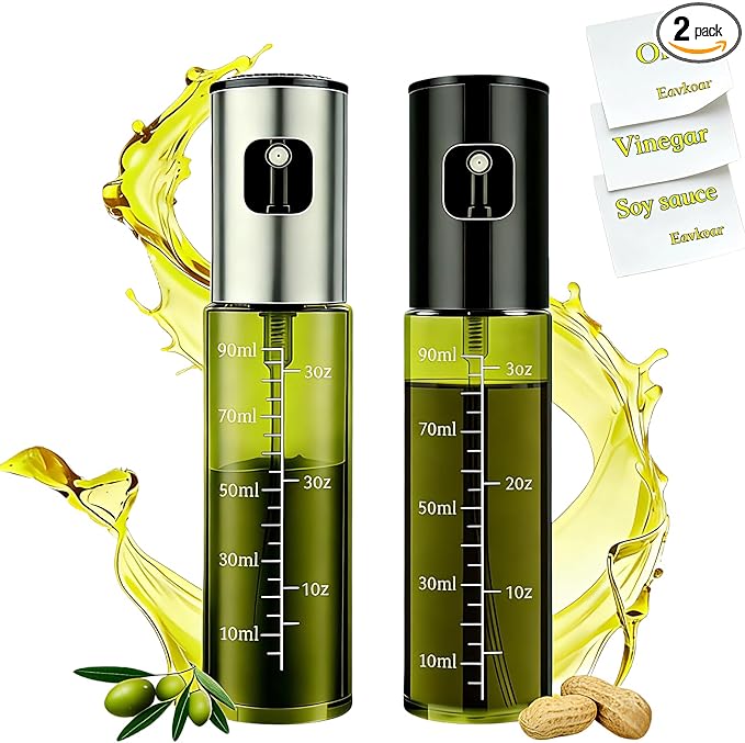 Cooking Oil Spray Bottle, Olive Oil and Avocado Oil Spray Bottle, 100ml Olive Oil Spray Bottle, Kitchen Tools, Air Fryer, Salad, Frying, Grilling (light-blocking glass)-Silver+Black