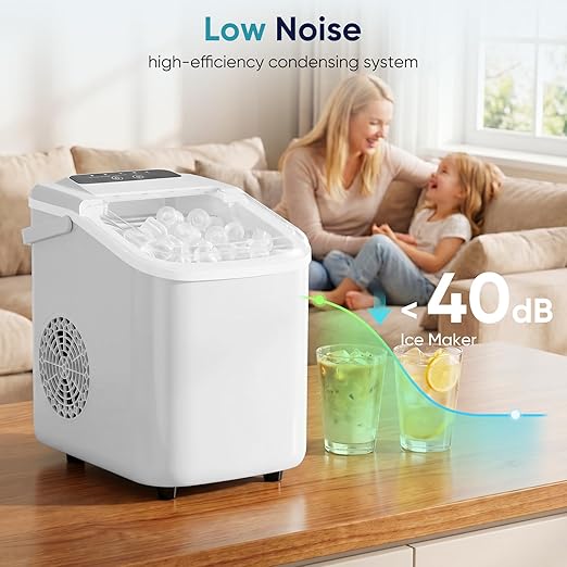 DUMOS Ice Maker, Nugget Ice Machine Countertop with Basket, Scoop and Portable Handle, 26lbs Daily, 9 Bullet Cubes in 6~8 Mins, Self-Cleaning for Kitchen, Office, Outdoos, RV Camping