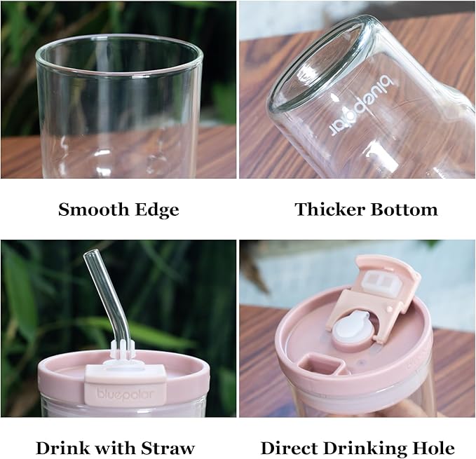 Glass Cups with Lids and Straws,16oz/480mll Reusable Iced Coffee Glasses & Juice Bottles,Cold Brew Tumblers with Leakproof Lids,BPA-Free Glass Jars for Juicing,Matcha,Flower Tea,Smoothie (Pink)