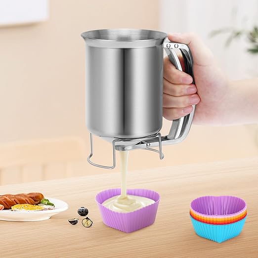 Yummy Sam Stainless Steel Pancake Batter Dispenser with Handle,32oz 900ml Heavy Duty Waffles Funnel Cake Dispenser with 12PCS Silicone Baking Cups,Pancake Pourer Batter Pitcher for Cupcakes,Crepes