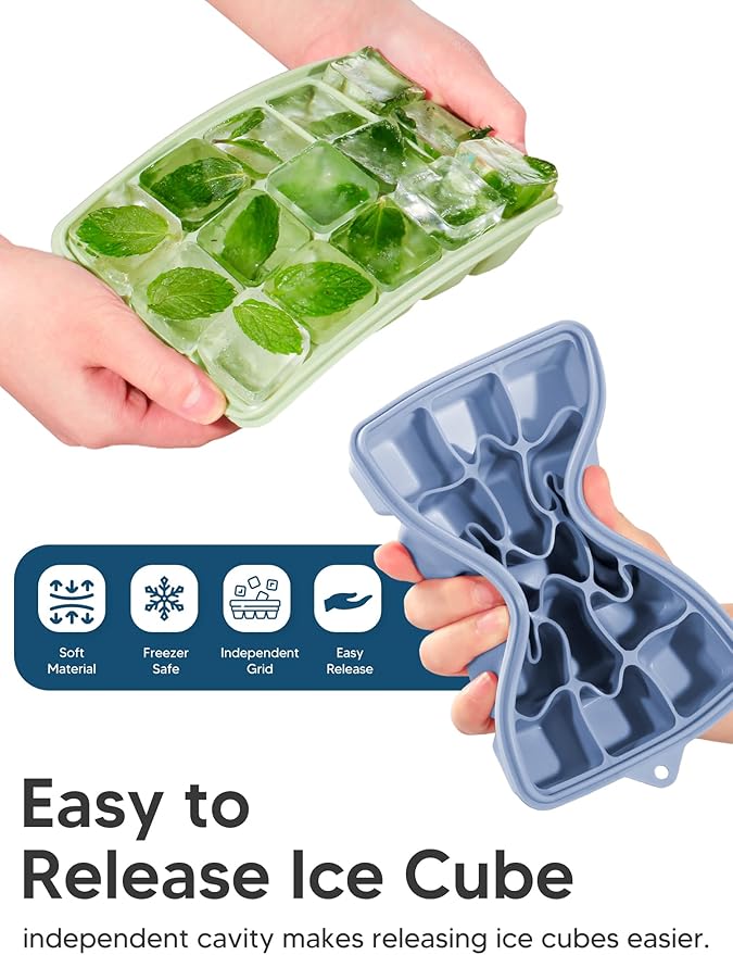 Silicone Ice Cube Trays with Lid, 2 Pack 30 Cubes, Easy Release Silicone Cube Molds, Reusable and Stackable Ice Cube Trays for Freezer, Covered Ice Cube Trays for Cocktails, Whiskey, Coffee