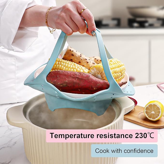 Collapsible Silicone Steamer Basket Small Size - Foldable Steam Basket for Vegetables, Dumplings & Eggs, Heat Resistant Microwave Safe Steamer, Kitchen Essential,Blue