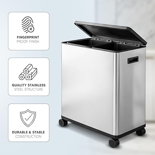 HOLDN’ STORAGE 60L Dual Kitchen Trash & Recycling Bin, Motion Sensor Opening, Soft-Close Lid, Removable Inner Buckets, Stainless Steel, 2 Trash Bag Rolls Included