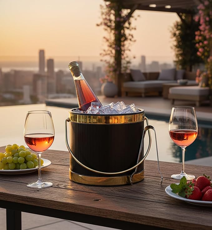 Made In USA Metallic Deco Collection Double Walled Insulated Ice Bucket With Ice Tongs (3-Quart, Black & Gold)