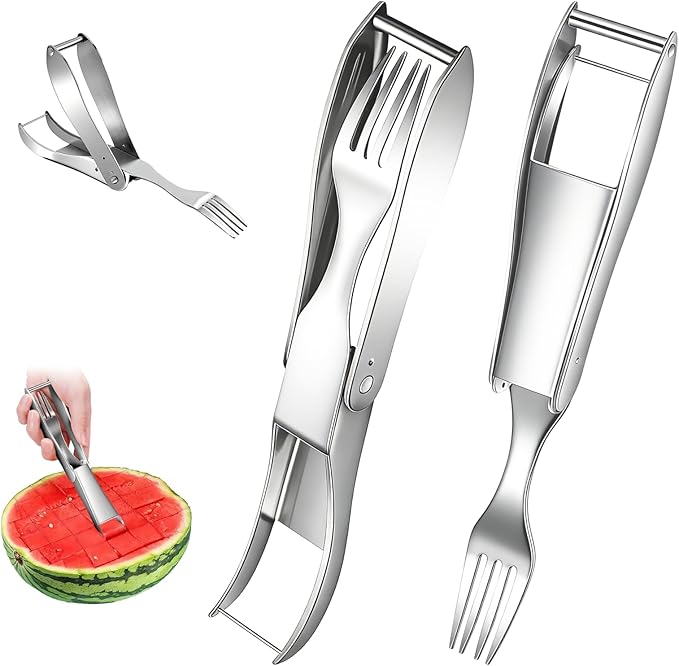 2026 Upgrade Watermelon Cutter Slicer Tool, 2-in-1 Fruit Slicer Fork With Foldable Stainless Steel Fork Tip, Press-to-Cut Watermelon Cubes for Kitchen, Picnic and Camping (1PCS)