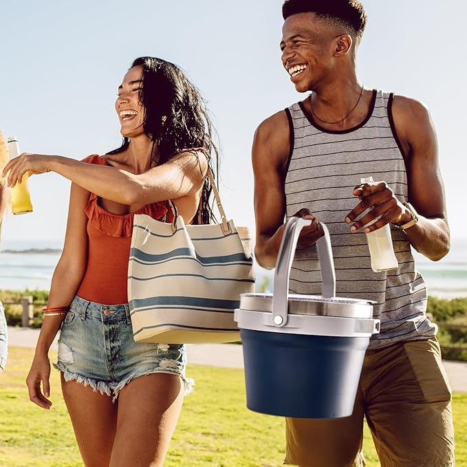 COKTIK 7L Insulated Ice Bucket with Lid，Double Wall Vacuum Stainless Steel Beverage Bucket Keeps Frozen Longer，Holds 6 Longnecks or 3 Bottles of Wine，for Cocktail, Champagne, (Navy,1 Pack)