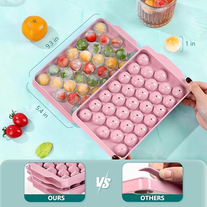Optish Ice Cube Tray with Lid and Bin, 3 Pack Ice Trays for Freezer, 99 Pcs Round Ice Cube Mold, Ices Maker Bucket with Scoop for Cocktail, Coffee, Rv Accessories, Easy to Release (1 inch, Pink)