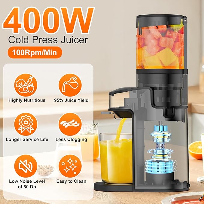 CFR637 Juicer Machines,400W Cold Press Juicer,4.9"Wide Feed Chute Slow Masticating Juicer for Whole Vegetables & Fruits,High Juice Yield,Easy to Clean,Advanced Touch Sensing Switch(Silver)