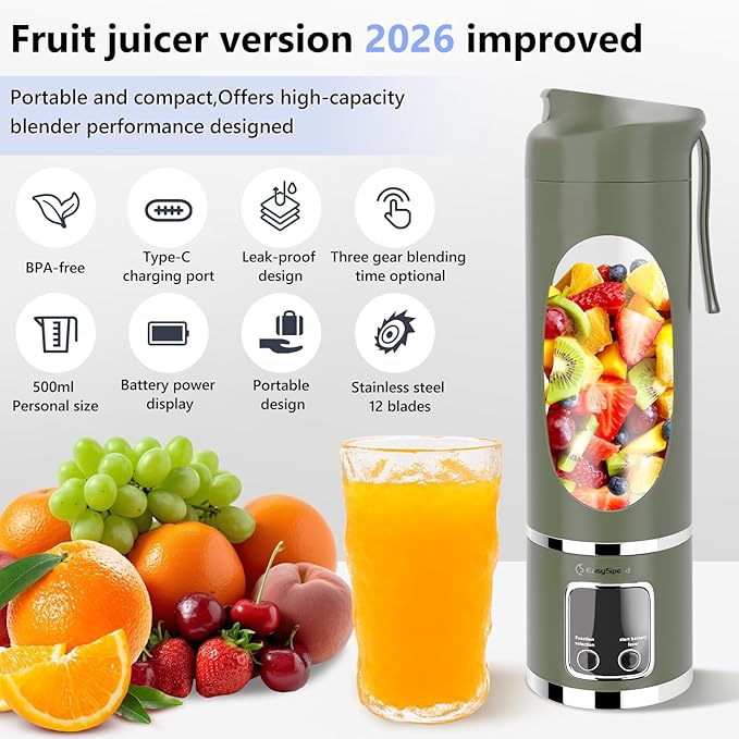 EASYSPEED Portable Blender Electric USB-C, 500ML Personal Juicer for Shakes and Smoothies, 12 Blades, 1500mAh Rechargeable, BPA Free, 18oz Small Blender with Leakproof Lid & Sip Spout, Mixing, Compact