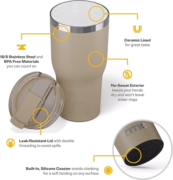 RTIC 30oz Essential Tumbler with Lid, Ceramic Lined, Insulated, Stainless Steel, Metal, Double Wall Vacuum-Insulation, Travel Cup for Iced Coffee, Tea, Hot and Cold Drink, Beach