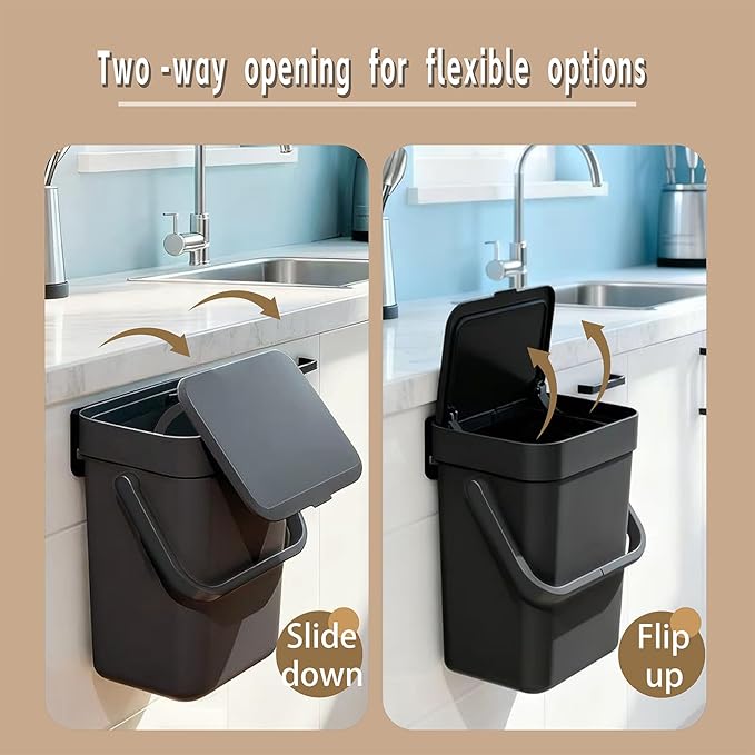 Compost Bin Kitchen, for use on Countertops or Under Sinks, Hanging Trash Can with Lid, Mountable Indoor Compost Bucket, for Cupboard/Bathroom/Bedroom/Office/Camping (Black 1.3 Gallon/5L)