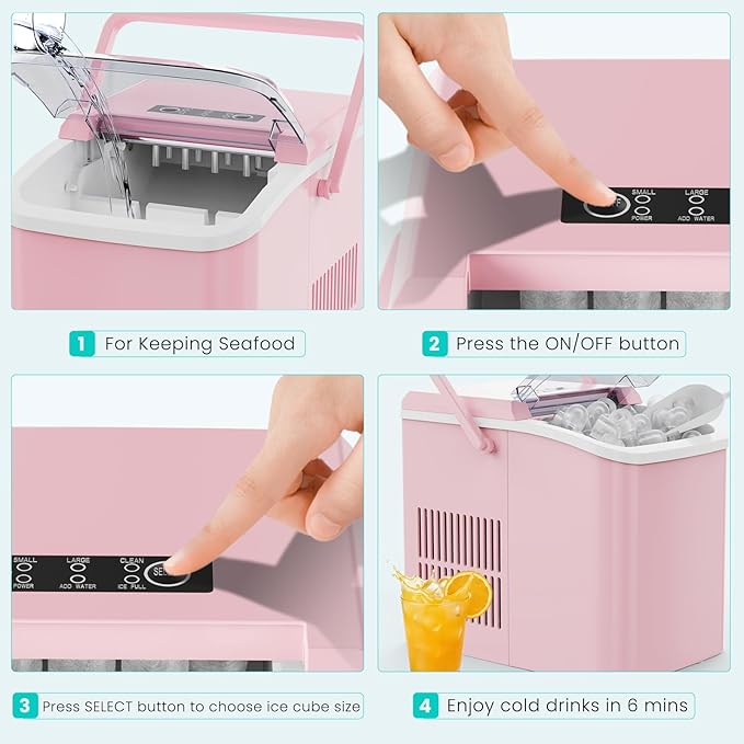 OLIXIS Ice Maker Machine with Handle,26lbs in 24Hrs,9 Ice Cubes in 6 Mins,Auto-Cleaning Portable Ice Maker with Basket and Scoop, Countertop Ice Maker for Home, Kitchen, Camping, RV - Pink