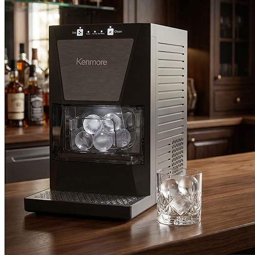 Kenmore Countertop Clear Sphere Ice Ball Maker - 2-Inch Slow-Melting Ice Spheres for Whisky & Cocktails, Makes Up to 48 Clear Ball Per Day, Touch Controls, Black
