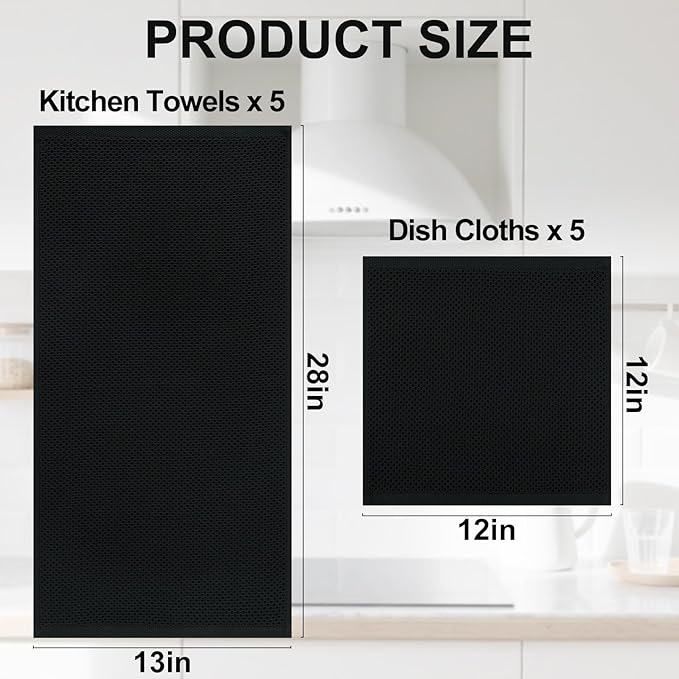 Homaxy 100% Cotton Kitchen Towels and Dishcloths Set, 12 x 12 Inches and 13 x 28 Inches, Set of 10 Bulk Kitchen Towels Set, Ultra Soft Absorbent Dish Cloths for Washing Dishes, Black