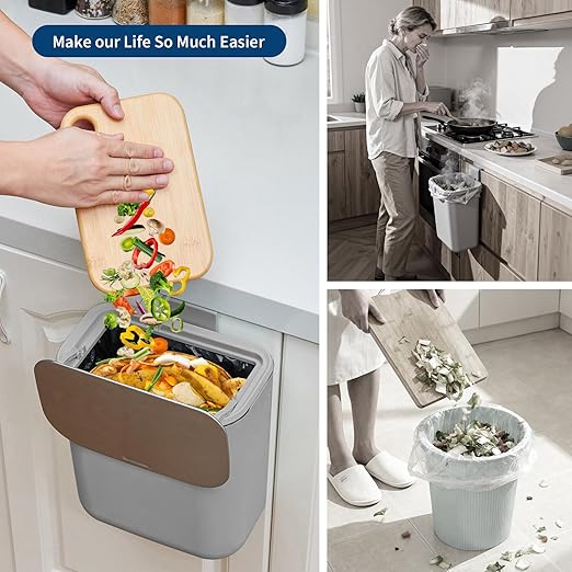 2.4 Gallon/9L Hanging Trash Can with Stainless Steel Lid, Mountable Compost Bin for Kitchen Cabinet Door, Under Sink Food Waste Container for RV, Bathroom, Office