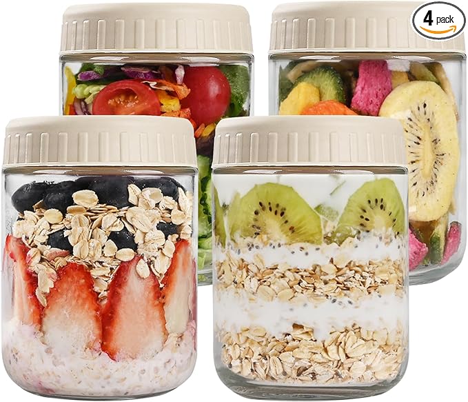 SHOWIN Overnight Oats Containers with Lids, 16oz Glass Jars with Lids 4 pcs, Apricot, Wide Mouth Mason jars for Salad, Yogurt, Snacks, Meal Prep