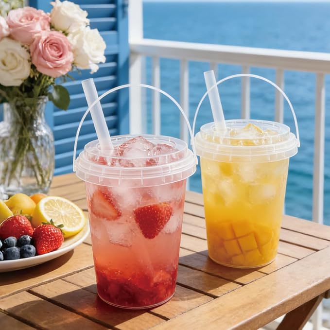 TTzycc 30 Sets 34 oz Drink Buckets with Lids and Straws, Reusable Clear Plastic Party Cups for Iced Coffee, Smoothies, Milkshakes, Sturdy & Durable Beverage Tubs for Lemonade, Pool and Beach Parties