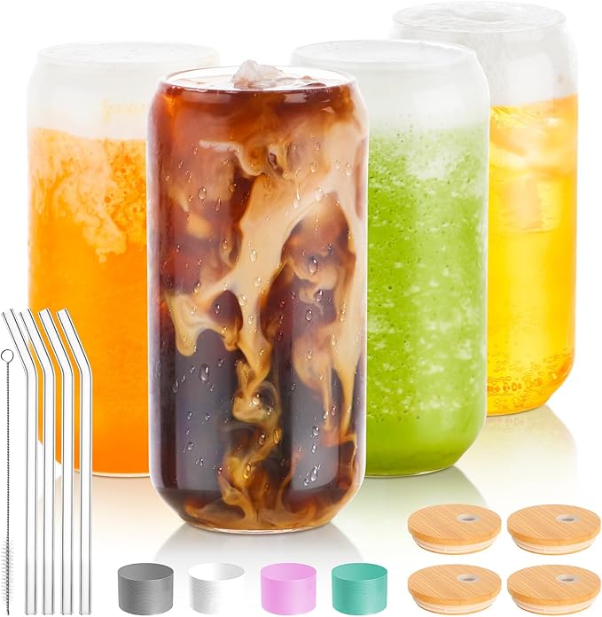 BEWAVE Drinking Glass Set of 4, 16oz Can Shaped Glasses Cups, Iced Coffee Glasses, Beer Tumbler, for Whiskey, Soda, Tea, Juice, Gift, with Lid, Straw