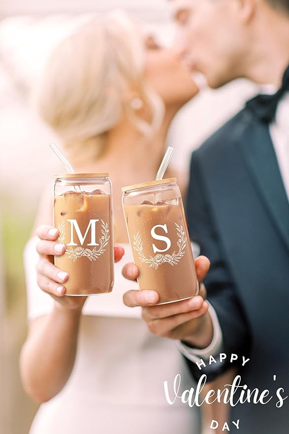 Personalized Gifts for Women, Monogrammed 16oz Glass Cups with Bamboo Lids and Straws, Customized Glass Tumbler, Cute Custom Mug, Customizable Initial Iced Coffee Glasses, Birthday Bridesmaid Mom, O