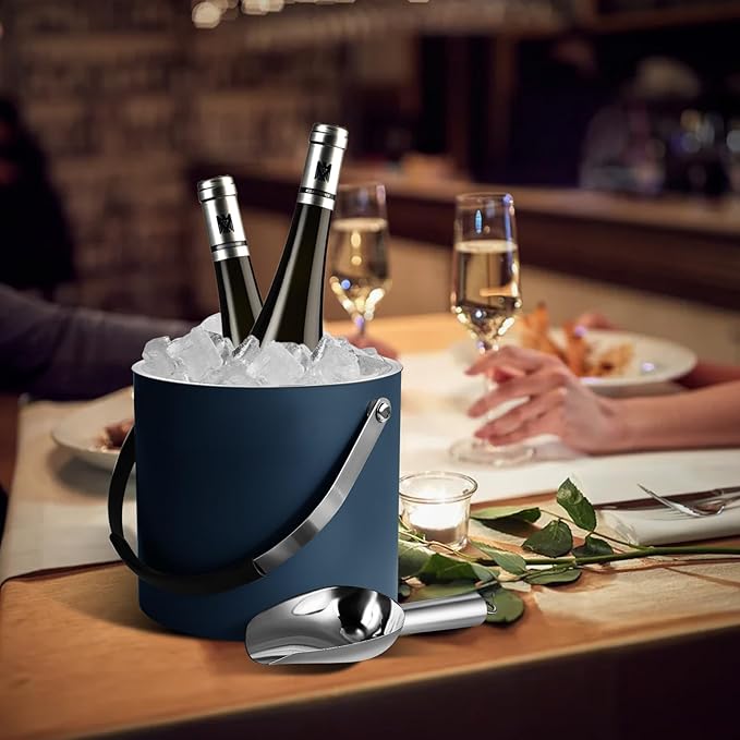 Bakpoco 3L Ice Bucket with Silicone Lid, Scoop, Tongs & Strainer, Stainless Steel Double Wall Insulated Ice Buckets for Parties & Cocktail Bar, Outdoor Champagne Ice Container Bin, Navy
