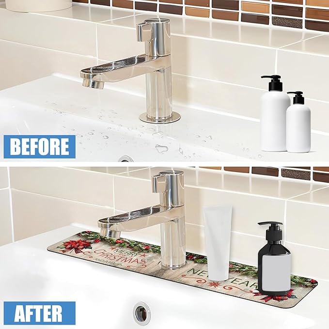 Chrismas Sink Splash Guard Faucet Mat Cute Christmas Absorbent Fast Drying Mat Sink Gadgets Splash Guard Behind Faucet Drip Catcher for Kitchen Bathroom 23.5"X5.5"