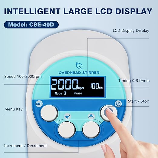 Electric Overhead Stirrer Max.40L, 100-2000rpm, 3 Stainless Steel Stirring Rods, 50000mPa.s, LCD Heavy Duty Powerful Digital Lab Mixer, Time and Speed Adjustable (Stand Included, 100-240V)