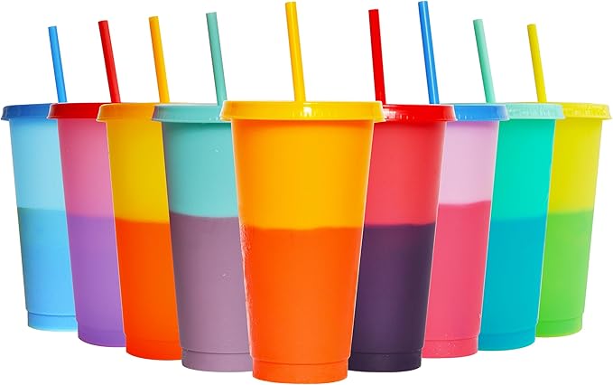 Color Changing Cups, 9 Pack 24oz Plastic Tumblers, Reusable Iced Coffee & Smoothie Cups with Lids and Straws for Parties and Travel