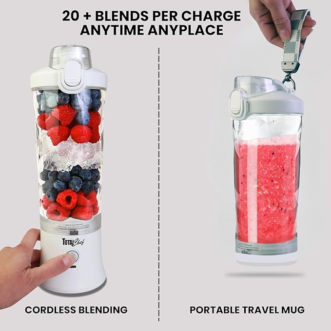 Total Chef Portable Blender - For Smoothies & Protein Shakes, USB Rechargeable Cordless Mini Travel Mixer, Personal Juicer, Ice Crusher, Blender Bottle for Home & Kitchen, 20oz, White