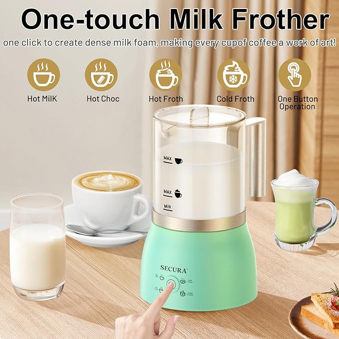 Secura Detachable Milk Frother and Steamer, 17oz Electric Milk Warmer 4-in-1 Hot/Cold Foam Maker, Teflon-Free and Non-Stick Coating-Free Glass Milk Jug, Dishwasher Safe for Hot Chocolate (Green)