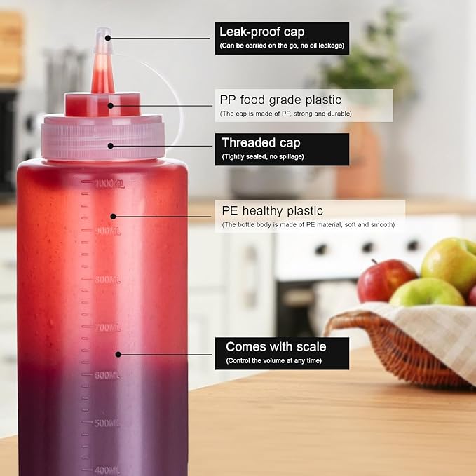 Premium Leak-Proof Squeeze Bottles Plastic Sauce, Ketchup, Condiment & Syrup Dispenser for Kitchen, Pancake Batter, Salad Dressing, Cooking Oil - BPA Free, Dishwasher Safe (2, 8o'z)