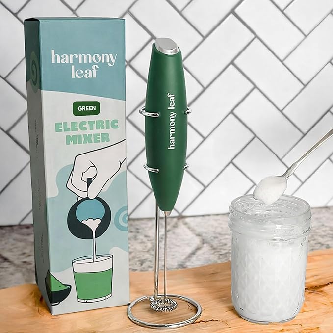 Harmony Leaf Handheld Milk Frother, Stainless Steel Electric Drink Mixer with Stand, Battery Operated Coffee Frother for Lattes, Matcha, Hot Chocolate and More, Green
