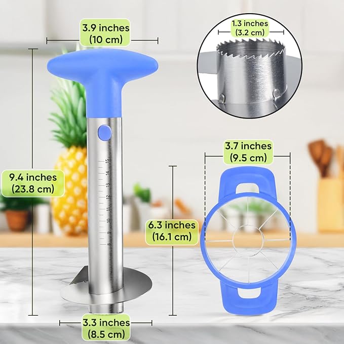 OOKUU Pineapple Corer Cutter, Stainless Steel Fruit Pineapple Peeler Slicer [Upgraded, Reinforced, Thicker Blade], Pineapple Core Remover with Measure Mark, for Diced Pineapple Ring (Blue)