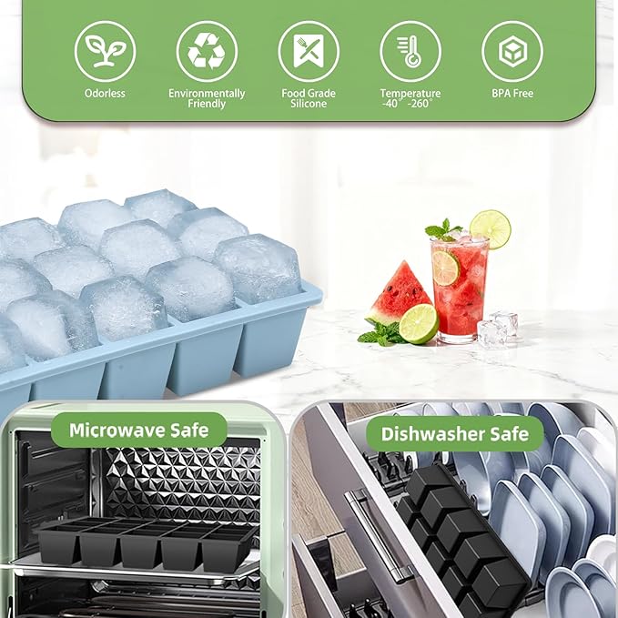Ice Cube Trays for Freezer, 3 Pack Easy Release Slicone Ice Cube Tray with Lid, BPA Free Stackable Flexible Ice Mold 15 Square Reusable Ice Cubes for Whiskey, Baby Food, Ice Coffee (Pink+Blue+Green)