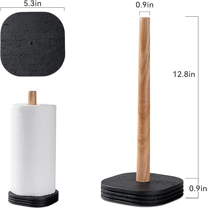 Black Travertine Standing Paper Towel Holder for Kitchen Countertop, Bathroom Shelf Toliet Top Paper Roll Holder with Weighted Base and Sturdy Wood Stand,for Standard or Plus Rolls, Height-Adjustable