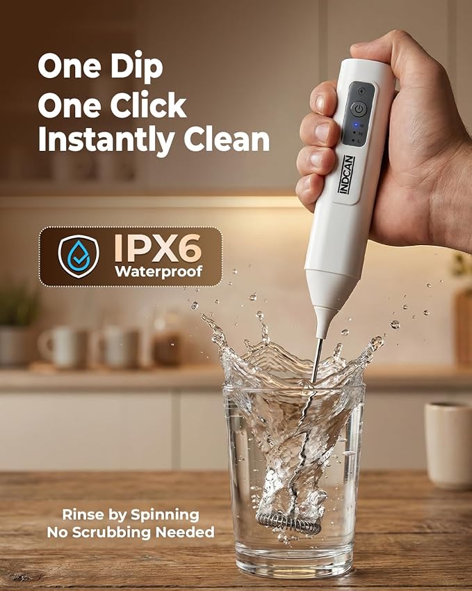 INDCAN Rechargeable Milk Frother Handheld, Electric Coffee Frother Wand with Stainless Steel Stand, 3-Speed Foam Maker with 2 Whisks, USB-C Drink Mixer for Latte, Cappuccino, Matcha (Elite, White)