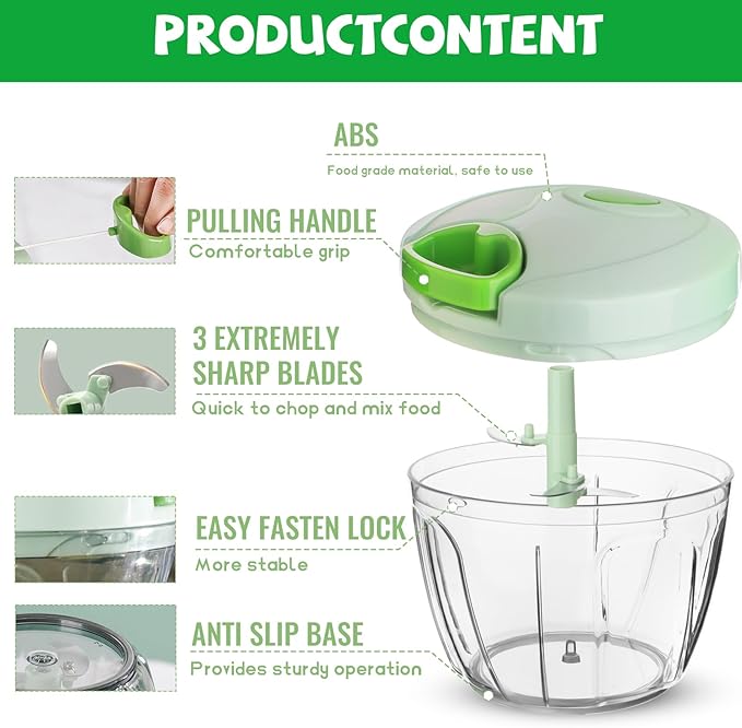 Manual Food Chopper: FILTA Hand Pull String Vegetable Chopper for Onion, Garlic, Pepper, Nuts, Tomato, etc.,3Cup.