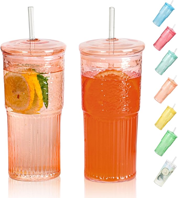 QWEZXO 20 OZ Glass Cup with Lids and Glass Straws, High Borosilicate Iced Coffee Glass Tumblers with Lid and Straw for Drinks, 2pcs Reusable Wide Mouth Smoothie Cup(Orange)