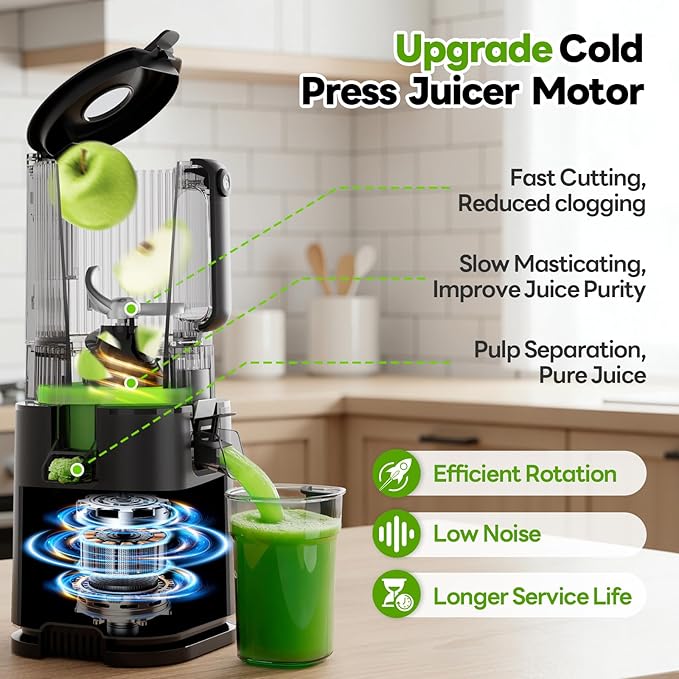 ECOSELF Juicer with 3 Filters (Juice/Sorbet/Nut Milk), Juicer Machines With 6.0" Wide Mouth Hopper, Self Feeding & Hands-Free Design, Cold Press Juicer for Family Party, High Juice Yield, With Brush