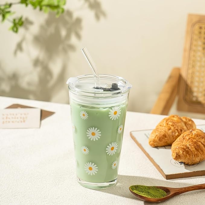 Olvini 15oz Glass Tumbler with Glass Straw and Lid, Cute Iced Coffee Cups, Aesthetic Glass Cups, Coffee Tumbler, Water Cup, Matcha Cup, Drinking Glasses (Daisy)