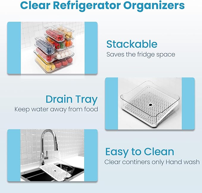 SMRCAD 8 Pack Refrigerator Organizers, Clear Pull-out Drawer Container and Organizer Bins with Lids, Stackable Storage Containers for Fruits, Vegetable (Set of 8 (Include Pull Out Drawer))