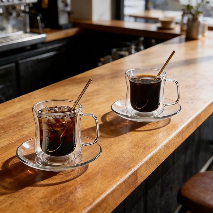 Double Wall Glass Coffee Mugs Set, Teacup with Saucer and Spoon Set of 2 Pack, 8.5oz/260ml for Cappuccino, Latte, Hot and Cold Drinks (Clear - Waisted Style - 2 Pack)