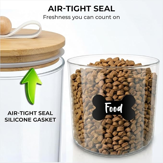 3 Acrylic Airtight Dog Treat Container , Dog Treat Jar Each Holds 4.4 QT / 17.5 Cups Kibbles Food Storage With Lid +24 Labels for Kitchen Counter Pet Cookie Jars With Lid Air Tight Cat Treats Canister