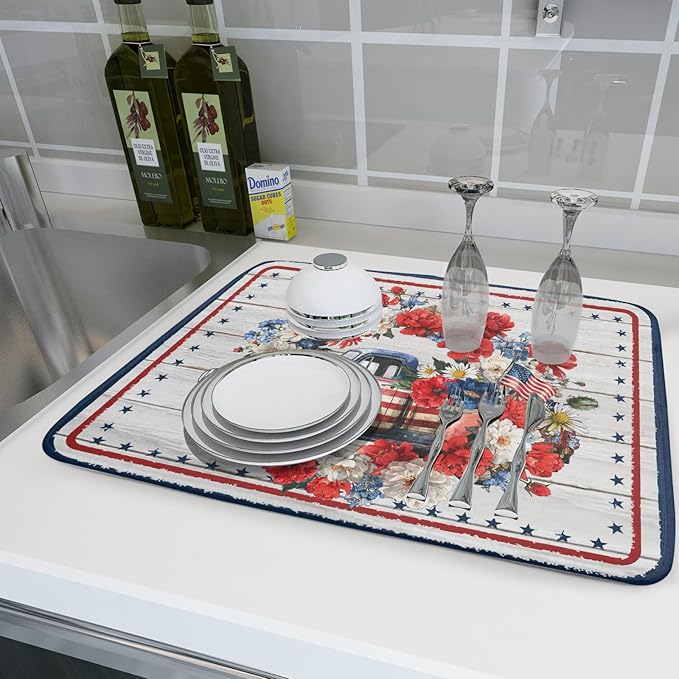 Patriotic Truck Dish Drying Pad 4th of July Drying Mat for Kitchen Counter Coffee Bar Sinks 18 X 24 Inch