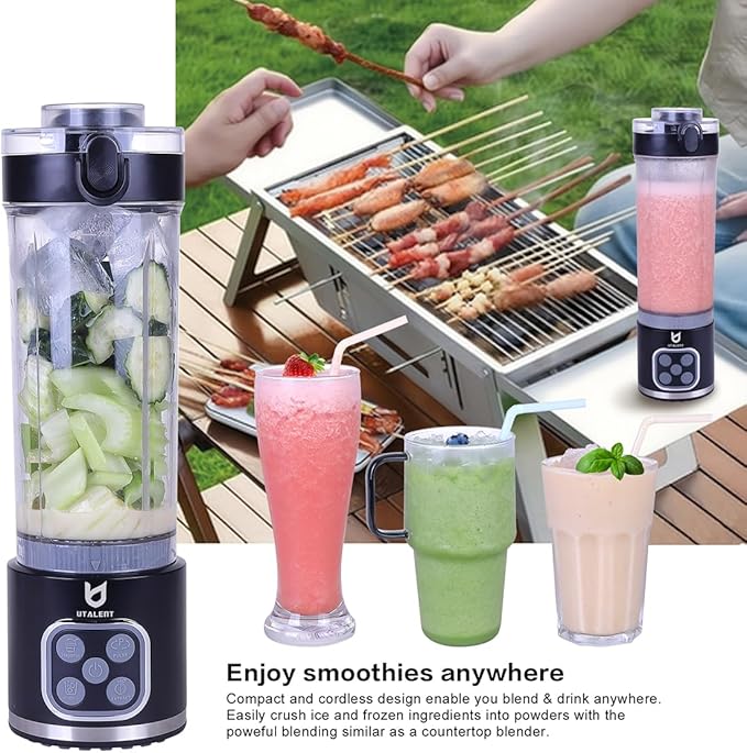 UTALENT Cordless Portable Blender, 25 oz removable Vessel, 700W Personal Blender, For-Smoothies, Ice Crush, 4 Programs, Leakproof-Lid & Sip Spout, USB-C Rechargeable, Dishwasher Safe Parts, Black