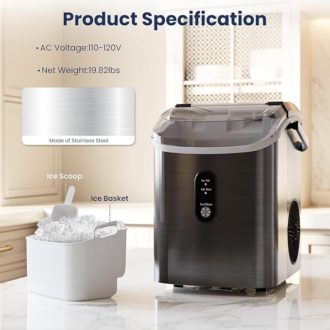 Antarctic Star Nugget Ice Makers Countertop with Auto-Cleaning, 35lbs/Day, Portable Sonic Ice Machine with Handle, Basket and Scoop for Home/Kitchen/Office/Camping(Stainless Steel Black)