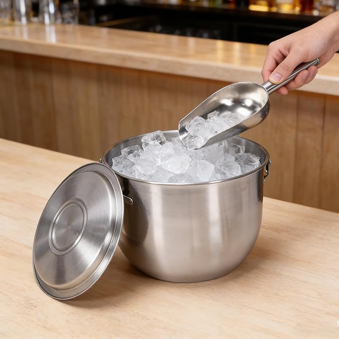 Ice Bucket, Stainless Steel Champagne Bucket with Lid, Double Handles, Scoop & Tongs Set, Drink Cooler for Parties, Wedding, Bar Cart, Patio, Holiday Hosting, New Year Toasts, for Home Entertaining