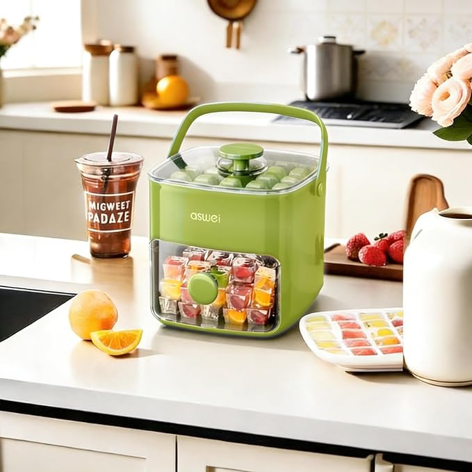 Compact Ice Cube Tray with Lid and Bin, Mini Press-Type Ice Maker for Freezer, Space-Saving Small Ice Bucket with Tongs for RV, Office, Mini Fridge & Water Bottles, BPA-Free (Green)