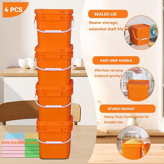 Food Storage Buckets with Lids - 4 Set Square Clear Plastic Containers, Airtight Pressure Seal & Handle for Kitchen Freezer Prep (Orange, 1 gal)
